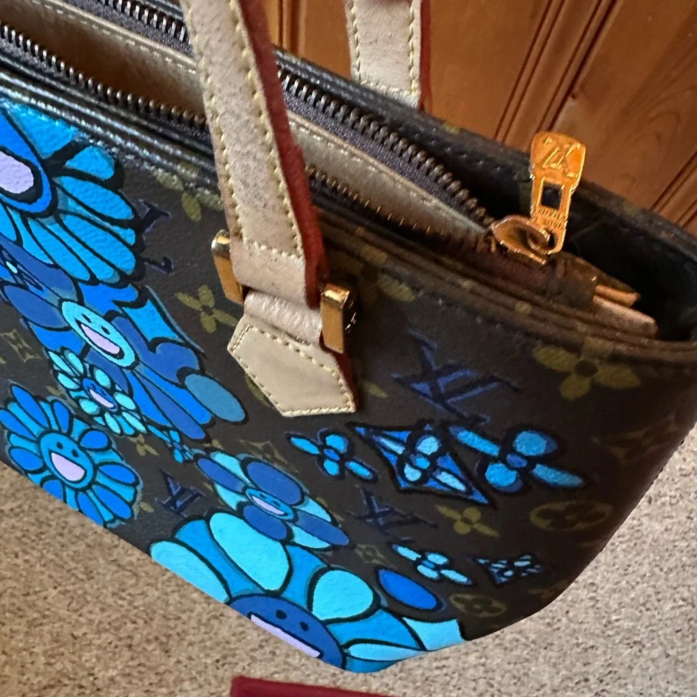 Louis Vuitton Blue Floral Tote Bag  Upcycled and Hand Painted - Picture 16 of 16